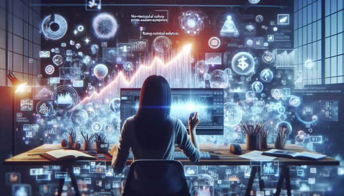 Video creator in a modern studio, surrounded by glowing social media icons and analytics screens, analysing data for engaging content with rising success graphs.