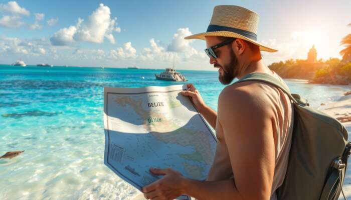 Traveler examining a detailed map of Belize on a sunlit beach, with turquoise waters, lush rainforests, Mayan ruins, and colorful marine life.