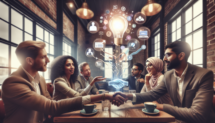 Small business owners in a cosy Ottery St Mary cafe brainstorm social media strategies, including user-generated content and algorithm adaptations for engagement.