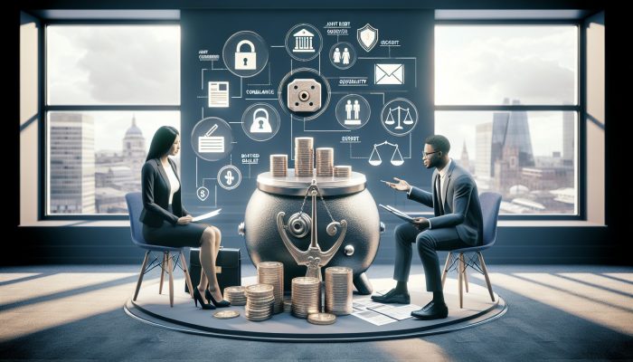 Joint Debt Consolidation for Unmarried Couples | DCL In a modern UK bank office, a diverse couple consults a financial advisor about joint debt consolidation, with charts and security symbols.