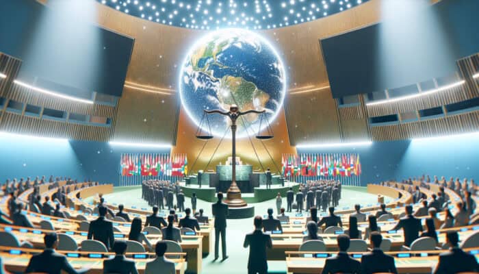 Diverse global leaders and activists in a UN chamber signing human rights treaties under a glowing globe and justice scales, with waving flags.