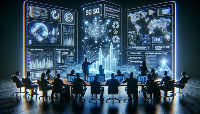 Analysts in a high-tech workspace reviewing survey data on screens with SEO metrics graphs, referral traffic charts, and global maps.