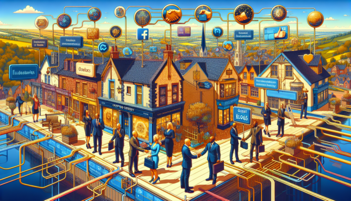 A vibrant digital scene in Chipping Sodbury: glowing e-commerce storefront linked by golden backlinks to blogs, surrounded by social media icons and partnership handshakes.