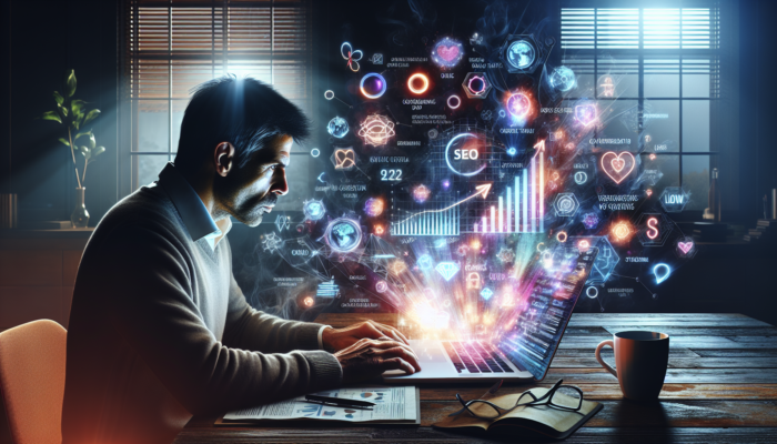 A focused business owner in a Nailsea office views SEO dashboards on a laptop, showing rising traffic, high CTR, and conversion rates, with coffee and notes nearby.