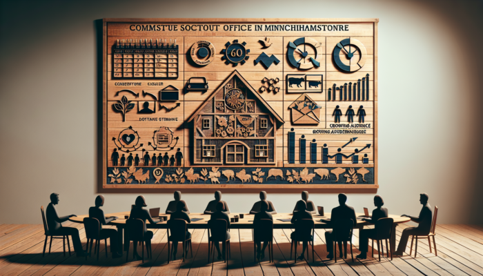 Detailed content calendar on a rustic desk in a Minchinhampton office, featuring scheduled posts, Gloucestershire trends, growth graphs, and engaged audience silhouettes symbolizing branding success.