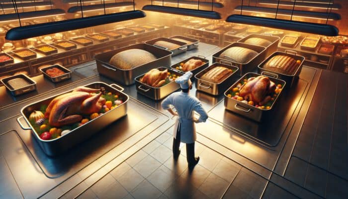 A chef in a busy kitchen compares various sizes of roasting pans, each holding golden turkey and vegetables under warm lighting.