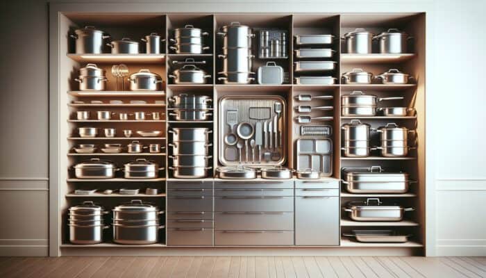 A well-organised kitchen cabinet displaying various stainless steel roasting pans, including large stackable and nested oval designs, for efficient storage.