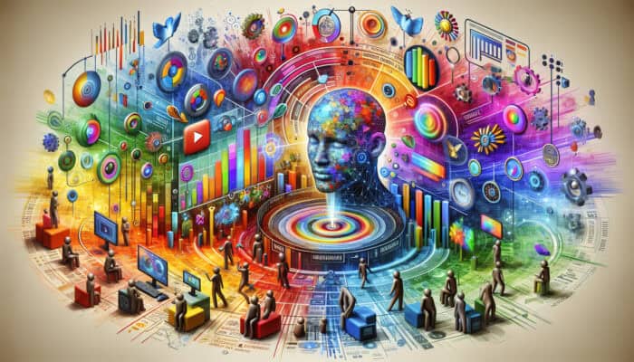 A vibrant digital dashboard displays a video content calendar with rising graphs for views and engagement, as a creator analyzes data amid diverse global viewers.