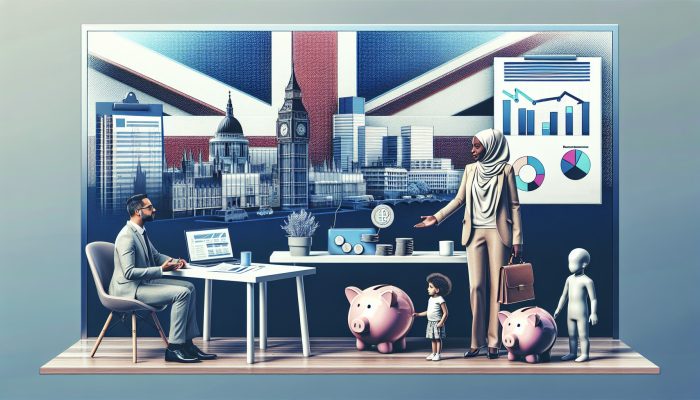 Determined single parent consulting financial advisor in modern London office with graphs, piggy banks, toys, and Union Jack flag.