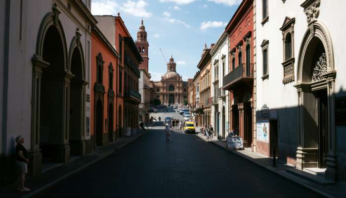 Symmetrical street scene in San Miguel de Allende featuring balanced arched doorways, ornate facades, and a bustling plaza.