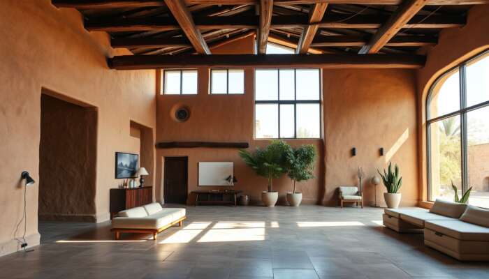 A picturesque building in San Miguel de Allende showcasing thick adobe walls, layered materials, large windows, and elegant design.