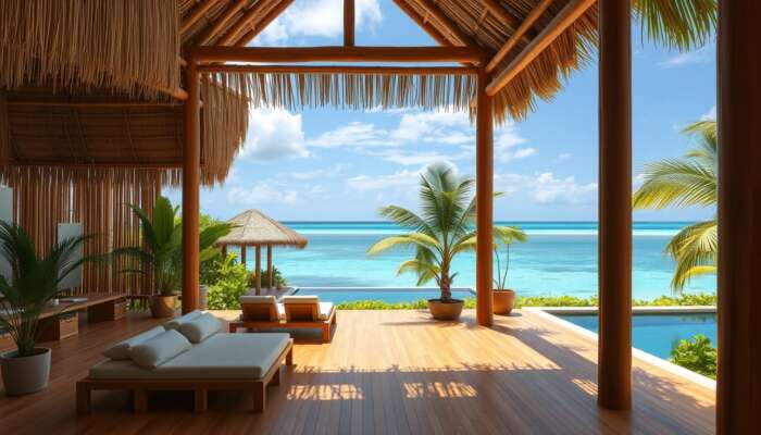 A sustainable Belizean resort with bamboo structures, open spaces in natural light, lush tropical gardens, and relaxation areas by turquoise waters.