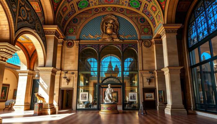 San Miguel de Allende museum featuring a grand colonial facade, ornate arches, colourful tiles, and historical stone beautifully blended with modern glass.