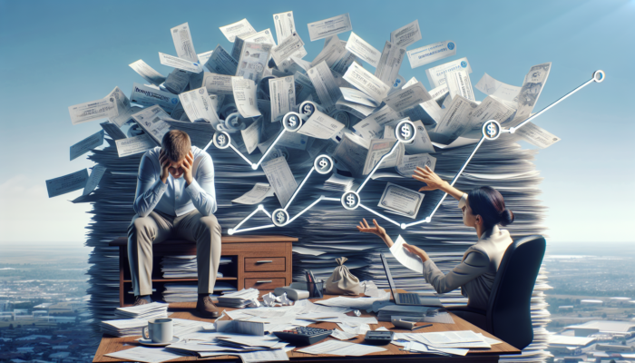 Stressed Pietermaritzburg resident at cluttered desk with bills, consulting counselor on budget chart under sunny sky.