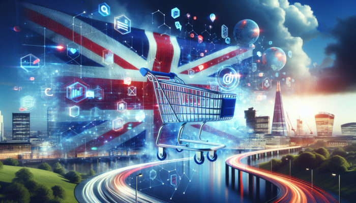 Vibrant digital London landscape with Union Jack over e-commerce interface, floating SEO keywords, graphs, and a glowing shopping cart.
