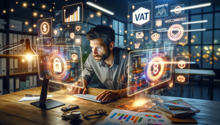 A small business owner in a bustling Clevedon office evaluates Shopify and WooCommerce interfaces on dual screens, surrounded by VAT compliance icons and e-commerce visuals.