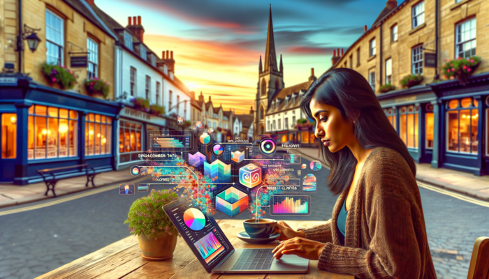 A marketer in Stow-on-the-Wold reviews Instagram analytics on a laptop, showing graphs of engagement rates, follower growth, and website clicks under a sunset sky.