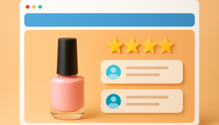 Vibrant e-commerce page for Nailsea business: central product image with bold star ratings and positive customer reviews.