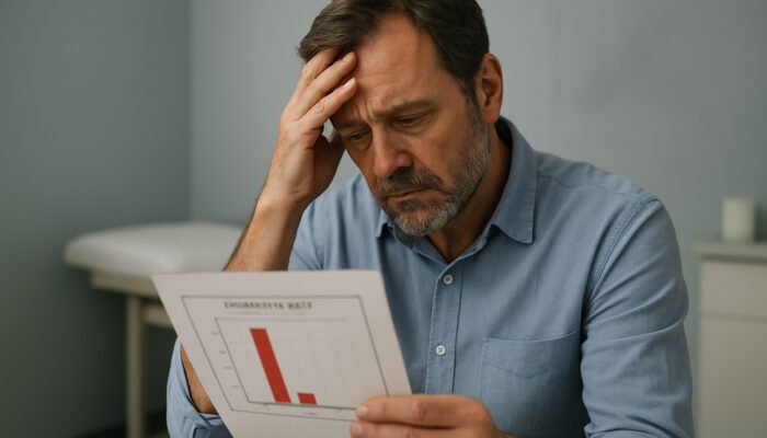 Tired middle-aged man in clinic reviewing low testosterone blood test report, displaying fatigue and distress.