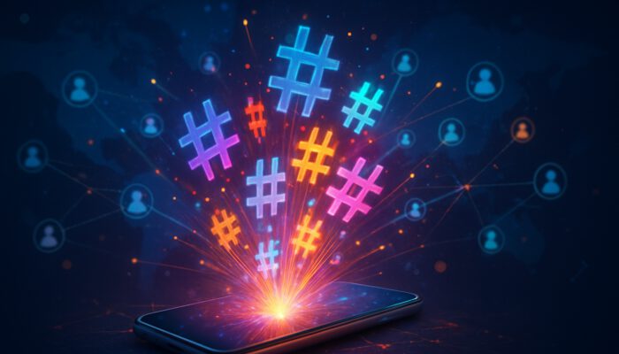 Vibrant hashtags exploding from smartphone, connecting global users in a glowing network for social media engagement.