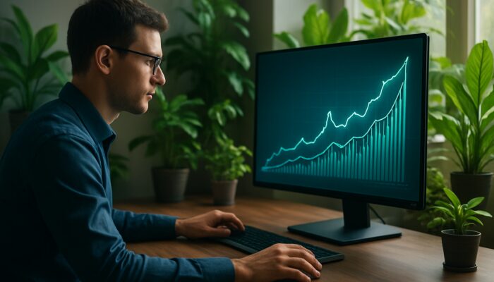Digital analyst using Search Atlas to view organic growth charts, surrounded by thriving green plants.