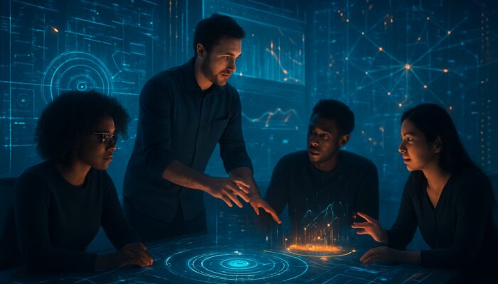Futuristic Search Atlas interface showcasing automated workflows and data analytics, with diverse users engaged in a holographic forum.