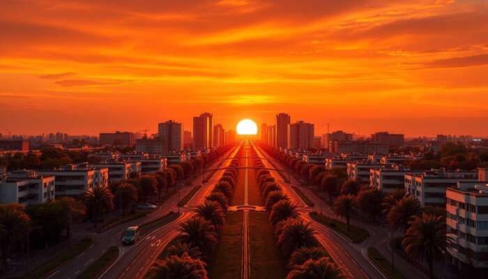Symmetrical urban landscape during golden hour, featuring winding paths leading to a vibrant focal point with striking warm-cool colour contrasts.