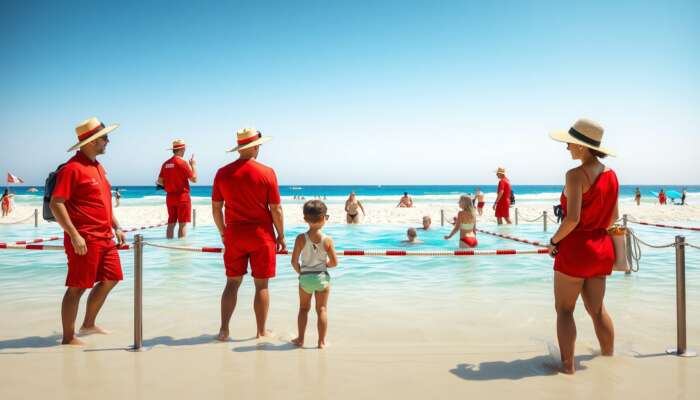 Beach scene with lifeguards in red uniforms overseeing swimmers in designated areas, families wearing hats and sunglasses under bright sunshine.