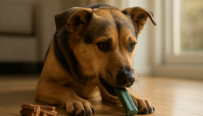 Cautious dog chews a safe dental treat in a sunny home, with splintered chews nearby highlighting choking risks.