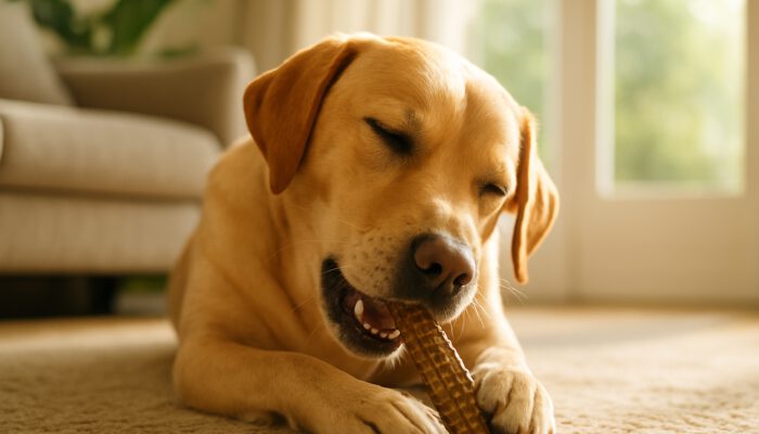 Calm dog chewing a textured dental treat in a sunlit living room, focused and relaxed.