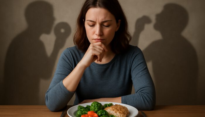 Serene person pausing at table with colourful healthy meal, contemplating emotional eating temptations.
