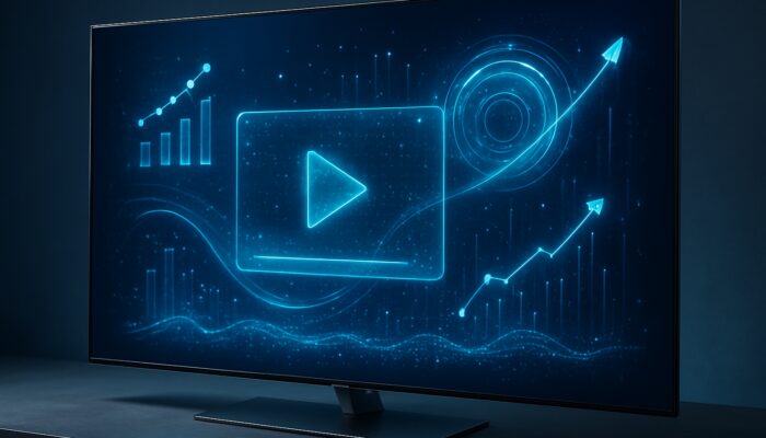 Future smart TV displaying interactive video ads and data holograms for connected TV trends.
