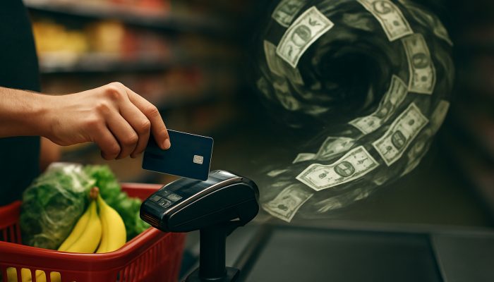 Grocery shopper swipes credit card as swirling dollar bills vanish, symbolising eroding cash back rewards.