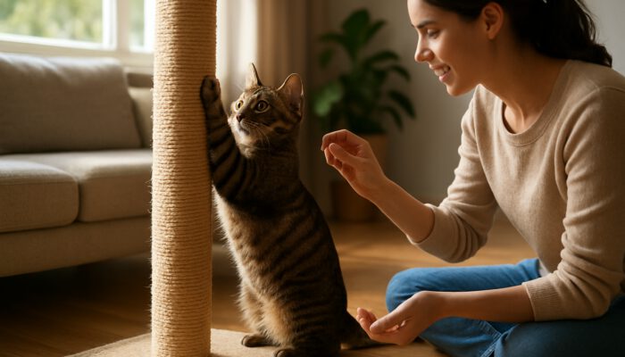 Tabby cat scratching a sisal post with the owner offering a treat in a sunlit living room.