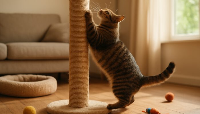 Playful cat scratching a tall sisal post, leaping amid toys and a cozy bed in a sunny living room.