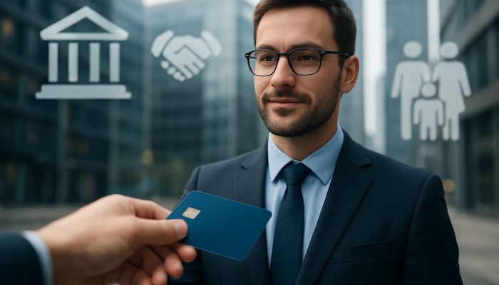 Handing Card Control to a Trusted Person: Essential UK Guidance | DCL Trustworthy person receiving credit card in UK cityscape, handshake, banking icons, and family portraits symbolizing secure financial transfer.