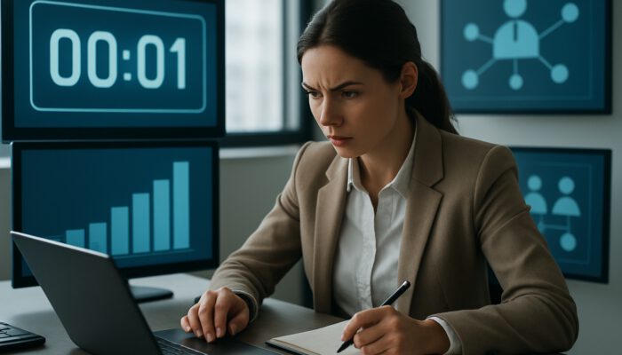 Concentrated admin assistant managing countdown campaign with digital timers and charts.
