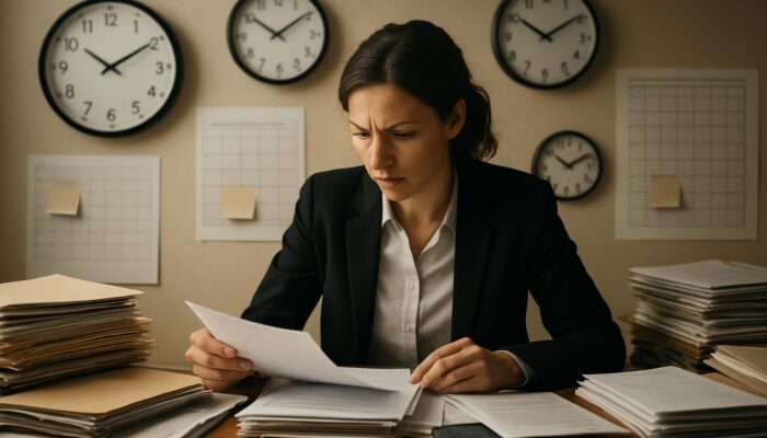 Diligent campaign assistant prioritising documents in a busy office filled with clocks and task lists under deadline pressure.