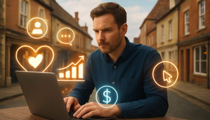 Business owner in Devizes analysing digital marketing budget on laptop with social media icons and growth charts.