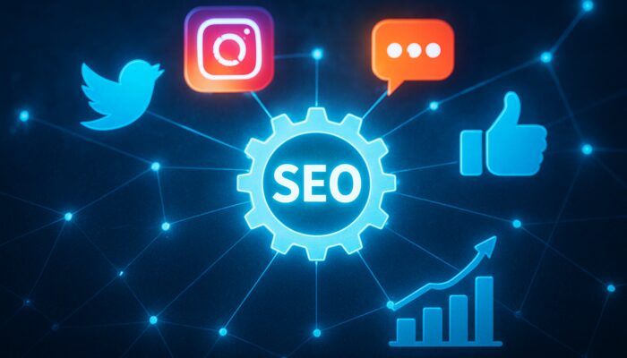 Visual representation of social media icons linking to a central SEO engine, showcasing rising graphs and keywords.