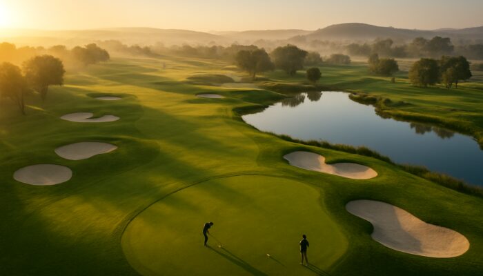 Aerial view of Maccauvlei Golf Club's dawn courses featuring lush fairways, bunkers, and teeing golfers.