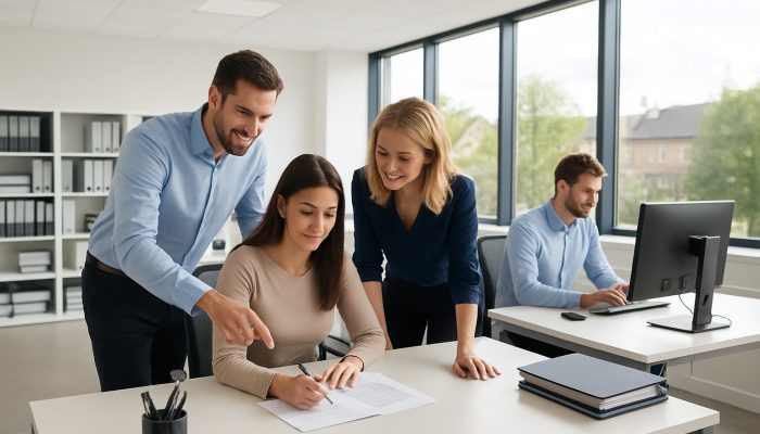 Modern office in Yeovil highlighting immaculate desks, organised files, and focused employees benefiting from natural light.