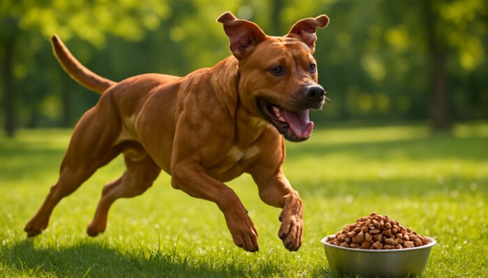 Muscular dog sprinting in sunny park with a high-protein kibble bowl nearby.