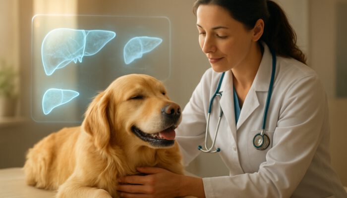 Veterinarian examining a relaxed golden retriever, featuring holographic liver scans in a sunlit clinic illustration