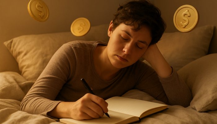 Tired individual resting in bed crafting a gentle debt repayment plan in a journal with warm golden light