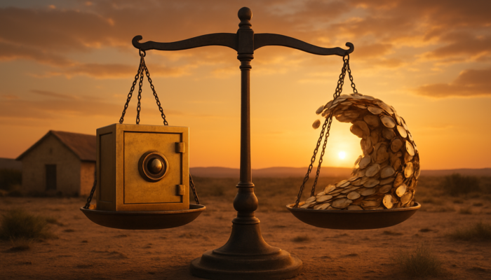 Rustic home in Beaufort West: fixed rates depicted with a safe, coins symbolising variable rates, balanced under a sunset.