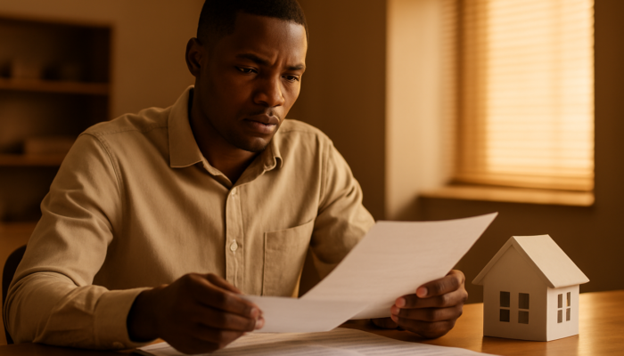 Determined applicant in South Africa reviewing payslips and contracts for a home loan at a bank.