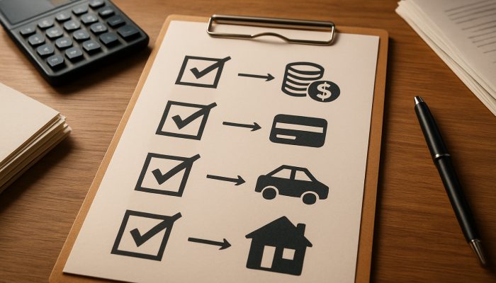 Checklist Before You Merge Any Debts: Key Points To Review | DCL Wooden desk checklist for merging debts featuring icons, calculator, and paperwork