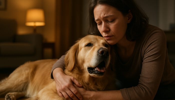 Concerned owner cradling lethargic golden retriever coughing with laboured breaths at home