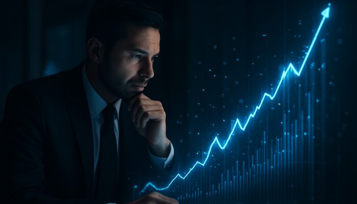 Trader analysing glowing holographic charts of increasing profit-to-drawdown ratio in a dim office